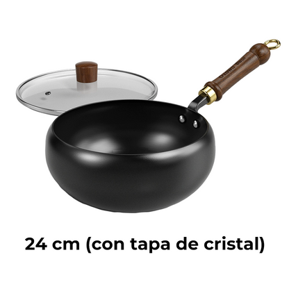 🔥Sartén Wok de Hierro Fundido Artesanal con Tapa de Cristal | Alta Durabilidad