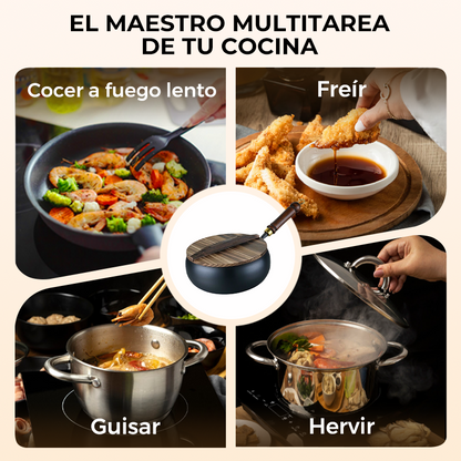 🔥Sartén Wok de Hierro Fundido Artesanal con Tapa de Cristal | Alta Durabilidad